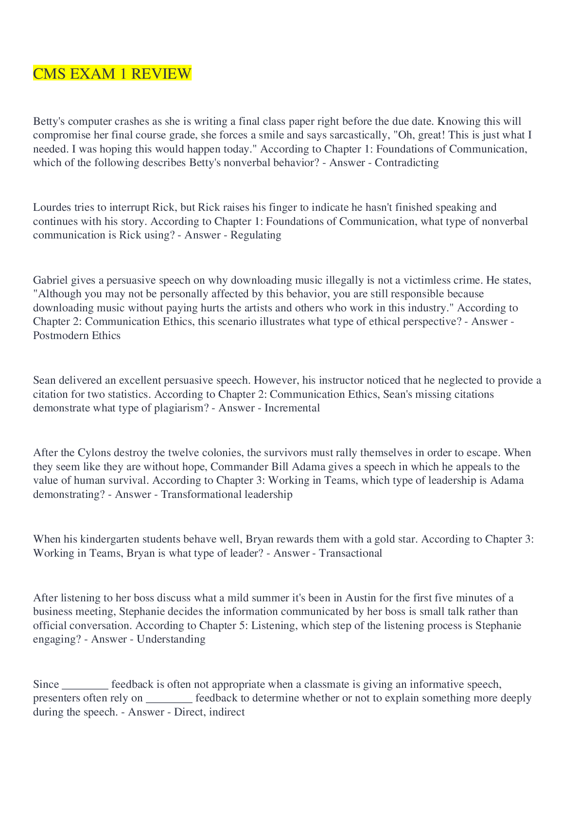 Preview image for CMS EXAM 1 REVIEW Questions And Answers 2022/2023